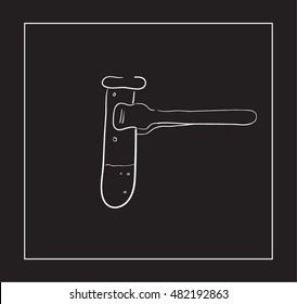 Hand drawn outline illustration of vial with liquid on black background