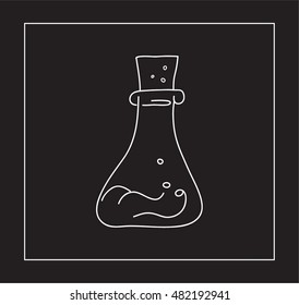 Hand drawn outline illustration of vial with liquid and tube on black background.