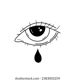 Hand drawn outline illustration of woman eye with a tear. Girl crying silhouette. Watch symbol. Black sketch line drawing. Gothic tattoo. Vector graphic