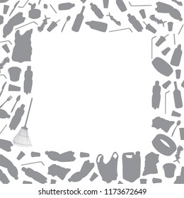 Hand drawn outline isolate on white backdrop. Vector template with different kinds of garbage, bags, wastes, plastic straws and  plastic utensils. The concept of ecology and World Cleanup Day.