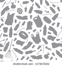 Hand drawn outline isolate on white backdrop. Vector seamless pattern with garbage, plastic straws, bag, plastic utensils, wastes. The concept of environmental pollution. The World Cleanup Day. 