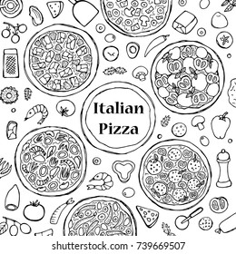Hand drawn outline italian pizza set on white background. Cartoon collection for menu, posters, covers and coloring books.
