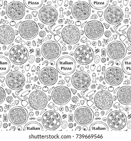 Hand drawn outline italian pizza seamless pattern on squared white background. Cartoon wallpaper for menu, posters, covers, textile prints and coloring books.