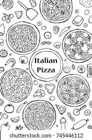 Hand drawn outline italian pizza set on A4 white background. Cartoon collection for menu, posters, covers and coloring book.