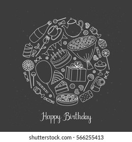 Hand drawn outline items for birthday, wedding and Valentine's day composed in circle shape with lettering.