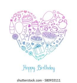 Hand drawn outline items for birthday, wedding and Valentine's day composed in heart shape with lettering.