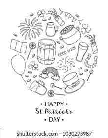 Hand drawn outline items for Saint patrick's day celebration composed in circle shape with lettering.