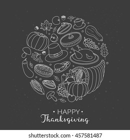 Hand drawn outline items for Thanksgiving day celebration in circle shape with lettering.