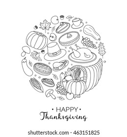 Hand drawn outline items for Thanksgiving day celebration in circle shape with lettering.