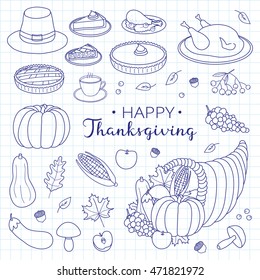 Hand drawn outline items for Thanksgiving day celebration isolated on graph paper background.