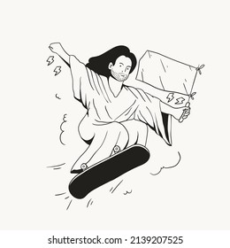 hand drawn outline jesus skater illustration