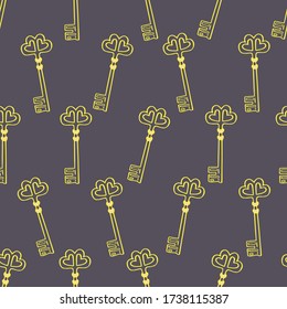 Hand drawn outline key seamless vector pattern. Decorative background with old golden keys. Ornament for greeting card, package and wallpaper.