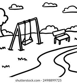 Hand drawn outline of kid playground in the park with slider, bench, grass, tree, sky for colouring book, park, outdoor, nature, garden, environment, green space, yard, summer, landscape, painting