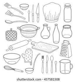 Hand drawn outline kitchen utensils isolated on white background.