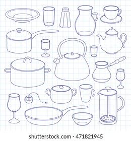 Hand drawn outline kitchen utensils and dishes isolated on graph paper background.