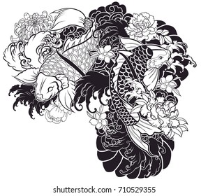 Hand drawn outline of a koi carp fish, flower and water splash. Japanese design tattoo.