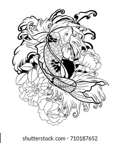 hand drawn Outline koi crap fish tattoo with flower ,Japanese tattoo design. Koi carp with nature flower and water splash tattoo.