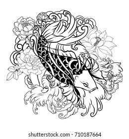 hand drawn Outline koi crap fish tattoo with flower ,Japanese tattoo design. Koi carp with nature flower and water splash tattoo.