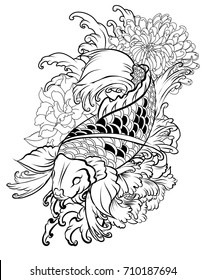 hand drawn Outline koi crap fish tattoo with flower ,Japanese tattoo design. Koi carp with nature flower and water splash tattoo.