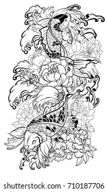 hand drawn Outline koi crap fish tattoo with flower ,Japanese tattoo design. Koi carp with nature flower and water splash tattoo.