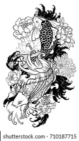 hand drawn Outline koi crap fish tattoo with flower ,Japanese tattoo design. Koi carp with nature flower and water splash tattoo.