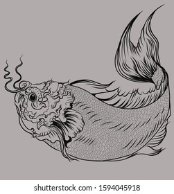Hand drawn outline Koi fish and  Japanese tattoo.doodle art Koi fish for Japanese tattoo