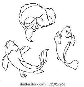 Hand drawn outline Koi fish and  Japanese tattoo
