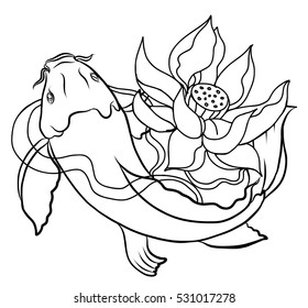 Hand drawn outline Koi fish and  Japanese tattoo