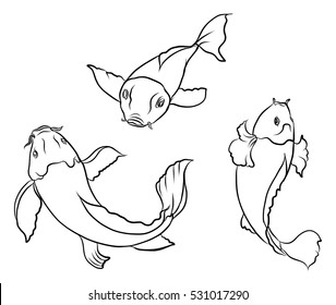 Hand drawn outline Koi fish and  Japanese tattoo