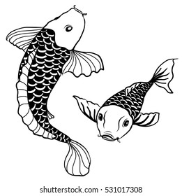 Hand drawn outline Koi fish and  Japanese tattoo.koi caph fish isolate on white