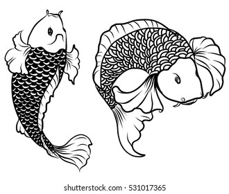 Hand drawn outline Koi fish and  Japanese tattoo