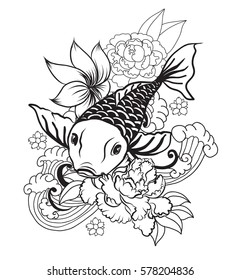 hand drawn Outline koi fish tattoo with flower , tattoo design
