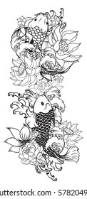 hand drawn Outline koi fish tattoo with flower , tattoo design