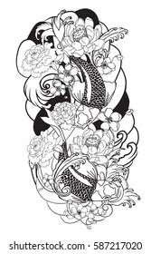 hand drawn Outline koi fish tattoo with flower, Japanese carp line drawing coloring book vector image