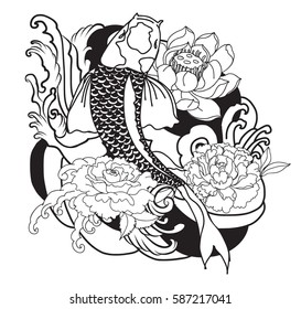 hand drawn Outline koi fish tattoo with flower, Japanese carp line drawing coloring book vector image