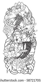 hand drawn Outline koi fish tattoo with flower, Japanese carp line drawing coloring book vector image