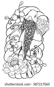 hand drawn Outline koi fish tattoo with flower, Japanese carp line drawing coloring book vector image