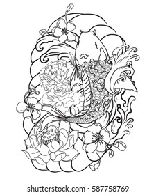 hand drawn Outline koi fish tattoo with flower