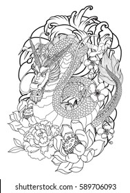 Hand drawn outline Koi fish with dragon tattoo