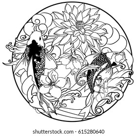 hand drawn Outline koi fish tattoo with flower in Circle ,Japanese tattoo design