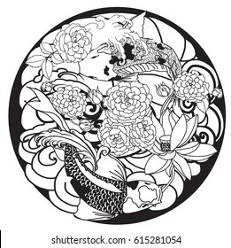hand drawn Outline koi fish tattoo with flower in Circle ,Japanese tattoo design
