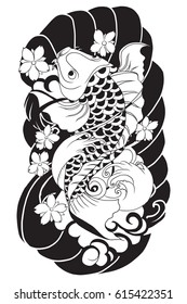 hand drawn Outline koi fish tattoo with flower, Japanese carp line drawing coloring book vector image