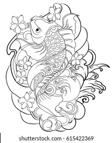 hand drawn Outline koi fish tattoo with flower, Japanese carp line drawing coloring book vector image