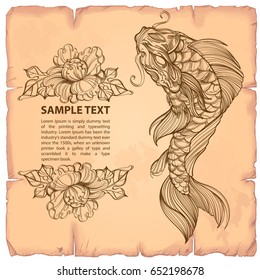 Hand drawn outline koi fish with flower. Japanese carp line drawing. Vector illustration on the background of old paper.