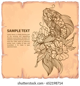 Hand drawn outline koi fish with flower. Japanese carp line drawing. Vector illustration on the background of old paper.
