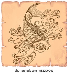 Hand drawn outline koi fish with wave. Japanese carp line drawing. Vector illustration on the background of old paper.