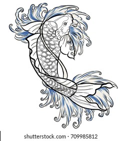 Hand drawn outline Koi fish and water splash Japanese tattoo.doodle art Koi carp fish with wave for Japanese tattoo.