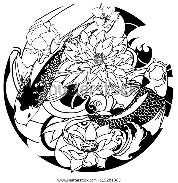 Hand Drawn Outline Koi Fish Tattoo Stock Vector Royalty Free