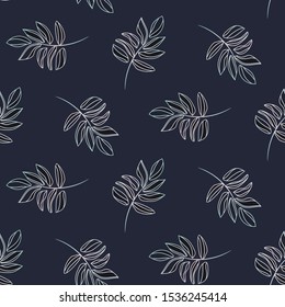 Hand drawn outline leaves deep blue colors seamless vector pattern. Fabric textile plant leaf texture print.