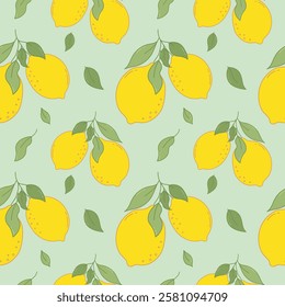 Hand Drawn Outline Lemon Fruits Seamless Pattern. Colorful fresh citrus, lemons pattern. Cartoon summer citrus fruit backdrop for fabrics, wallpaper, prints, juice and vitamin products.